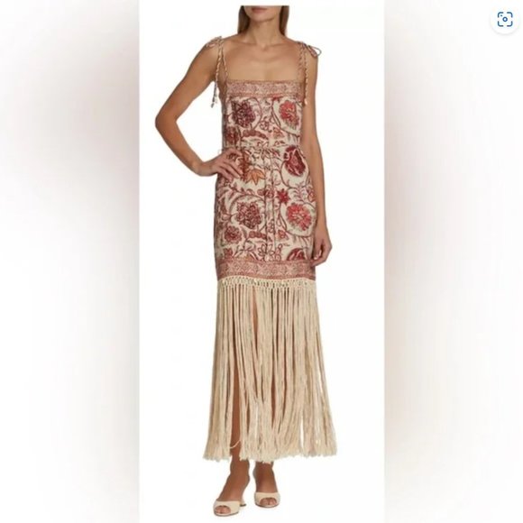 NWT ZIMMERMAN VITALI RED AND CREAM LINEN FLORAL FRINGE DRESS RESORT SIZE 0 XS - Picture 2 of 10